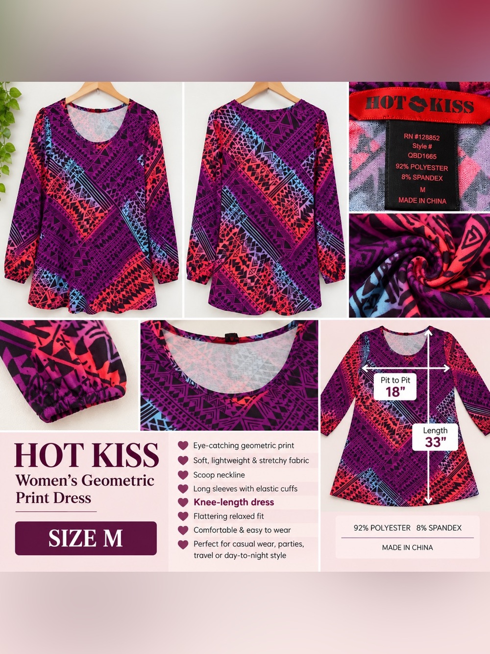 Hot Kiss Purple and Pink Geometric Scoop Neck Tunic
